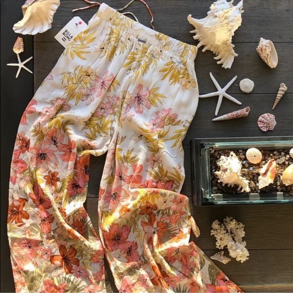 Billabong Wide-Leg Woven Pants Women Sz M Heart Beats Floral Beach Elastic Waist - Picture 4 of 11